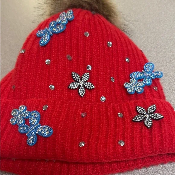 Red Knit Pom Pom Beanie with Butterfly/Flower Accents. - Picture 4 of 4